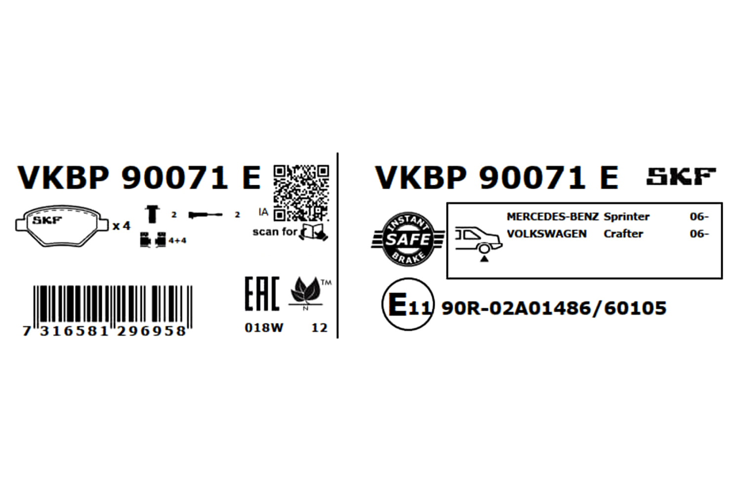 Комплект тормозных колодок, дисковый тормоз - VKBP 90071 E SKF